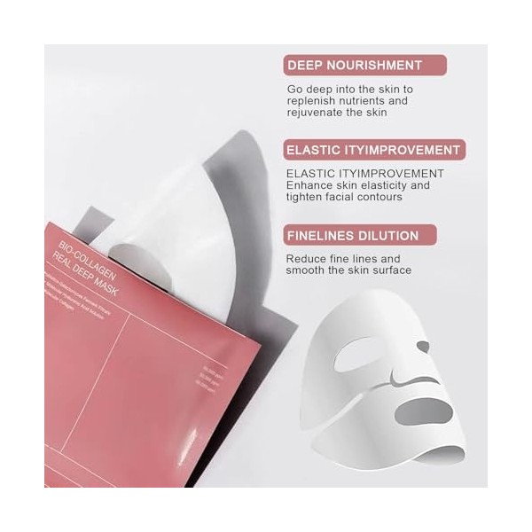 Masque Collagene Visage, Bio Collagen Face Mask, Profond Hydratation Masque Visage, Raffermissant Hydrogel Masque de Nuit, Ré