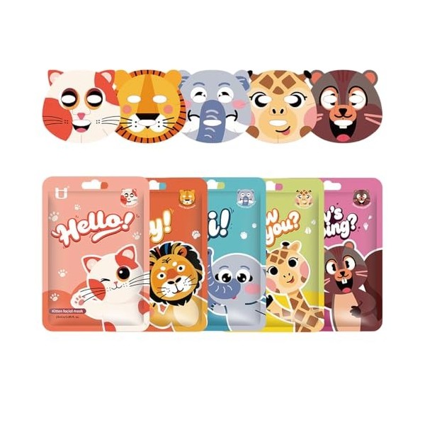 DOVBAN Lot de 5 masque facial pour enfants, masque facial cartoon, masques hydratants