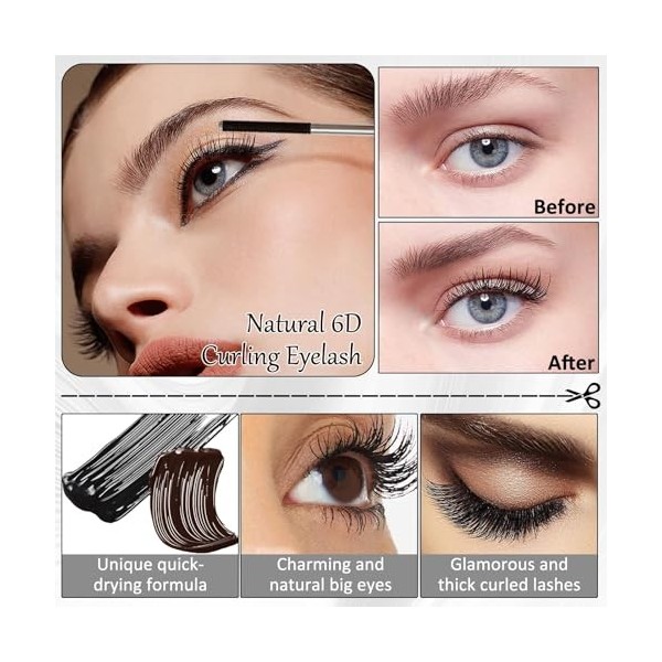 Prreal 2PCS Black Metal Mascara, 6D Curling Eyelash Iron Metal Wand Mascara Long Lasting Non-Clumping Flake Proof Bristle Les