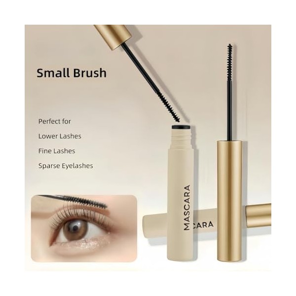 Mascara waterproof noir avec petite brosse pour cils inférieurs/fins/clairsemés, sans paquets, résistant aux traces, sans éca