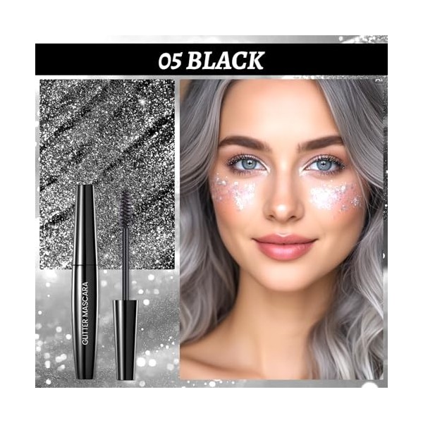 Prreal Mascara à paillettes noires, cils à séchage rapide Diamond Sparkly Eyelashes, long Lasting Curling Volumisant Mascara 