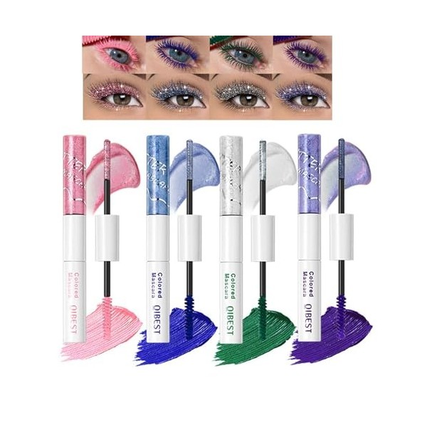 Baorder - Coffret de 4 mascaras colorés pour les cils, mascara pailleté et mat, mascara double embout longue tenue nacré, maq