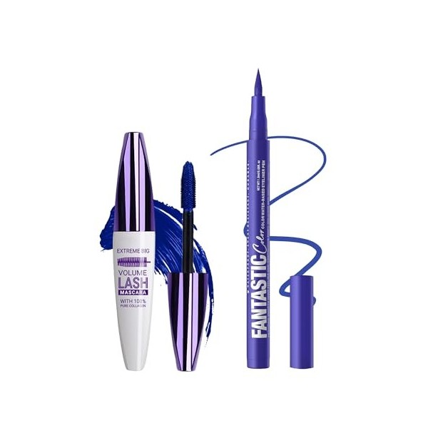 Mascara & Eyeliner Bleu Set, 5D Fibre de Soie Mascara Volume et Longueur, Crayon Yeux Couleur Met, Très Pigmentée, Waterproof