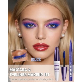 Mascara & Eyeliner Bleu Set, 5D Fibre de Soie Mascara Volume et Longueur, Crayon Yeux Couleur Met, Très Pigmentée, Waterproof