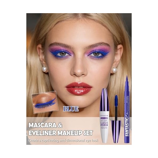 Mascara & Eyeliner Bleu Set, 5D Fibre de Soie Mascara Volume et Longueur, Crayon Yeux Couleur Met, Très Pigmentée, Waterproof