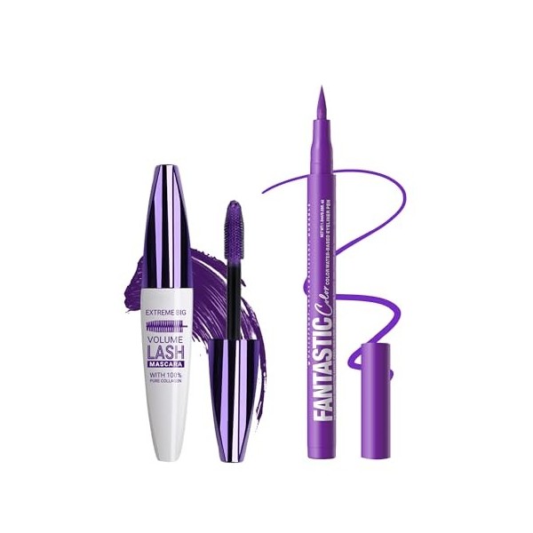 Mascara & Eyeliner Bleu Set, 5D Fibre de Soie Mascara Volume et Longueur, Crayon Yeux Couleur Met, Très Pigmentée, Waterproof