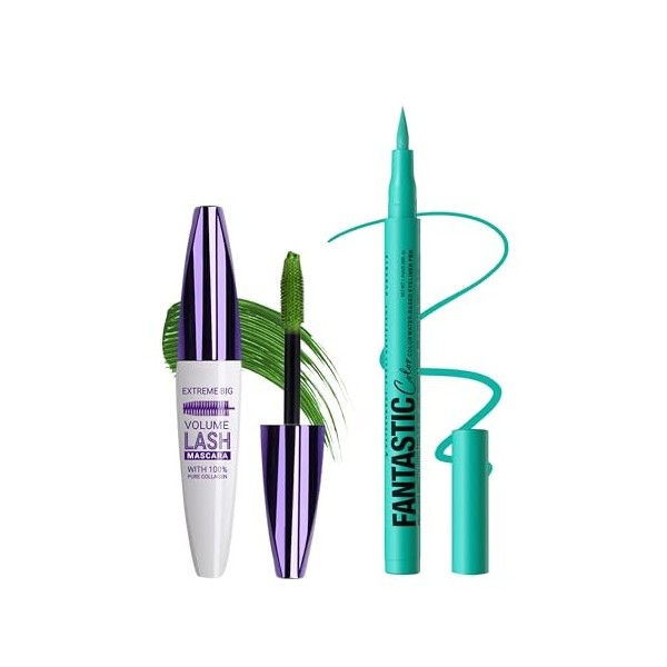 Mascara & Eyeliner Bleu Set, 5D Fibre de Soie Mascara Volume et Longueur, Crayon Yeux Couleur Met, Très Pigmentée, Waterproof