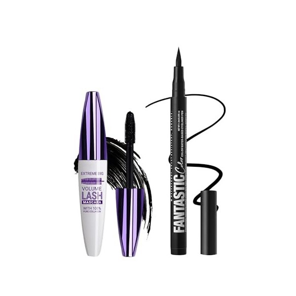 Mascara & Eyeliner Bleu Set, 5D Fibre de Soie Mascara Volume et Longueur, Crayon Yeux Couleur Met, Très Pigmentée, Waterproof