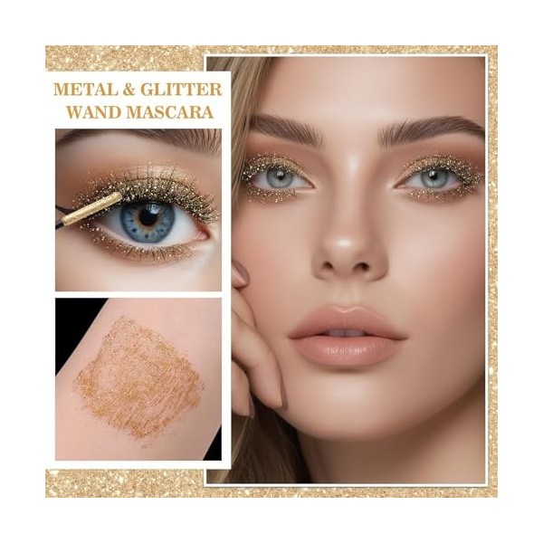 Prreal Mascara à paillettes dorées - Mascara pour cils et cils - Longue durée de vie - Volume des boucles - Maquillage des ye