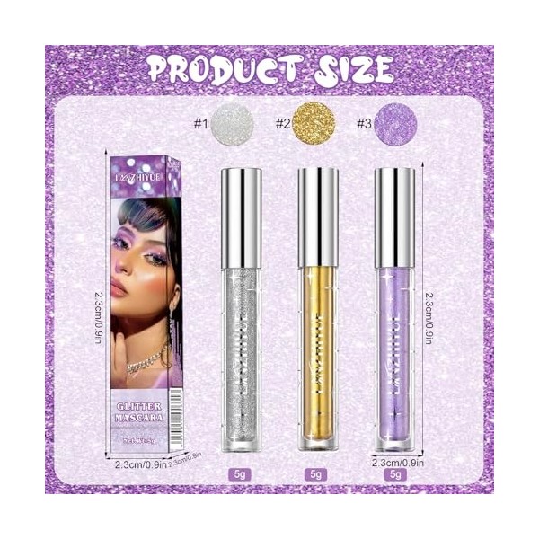 Mascara Pailleté,Fard à Paupières Mascara Liquide 3 Couleurs - MascaraVolumisant Allongant Diamants Étincelants,Anti-Sweat,No...