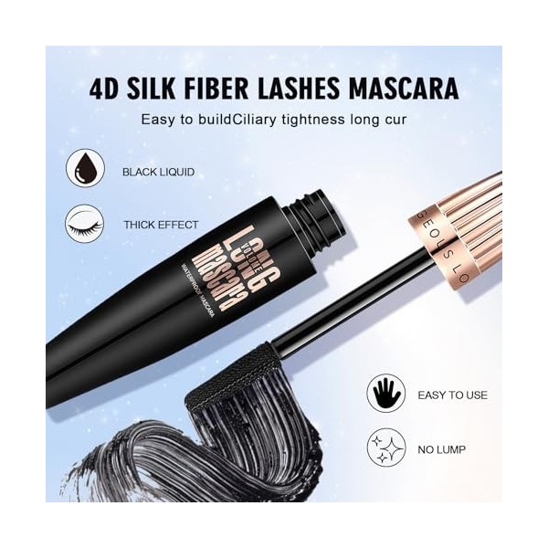 Mascara 4D Waterproof Noir – Fibre Soie Mascara, Volume et Effet Faux Cils, Allonge et Recourbe les Cils, Tenue Longue Durée,