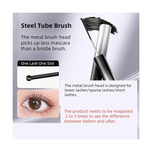Mascara waterproof à brosse en fer pour cils fins et courts, noir, brosse en métal, résistant aux bavures, recourbant et de l