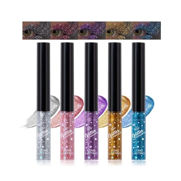 5 Colors Glitter Mascara Volume,Allongeant Waterproof Longue Durée Coloré Scintillant pour les cils,Curl,Anti-Sweat,No Bloomi