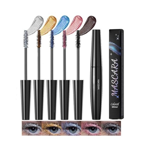 5 Coloré Glitter Mascara for Women,Mascara Volume Waterproof Longue Durée,Brillant Charmant Extension de Curling Boucle Volum