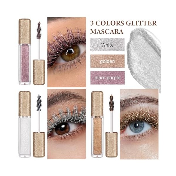 Lot de 3 mascaras à paillettes pour cils – Mascara à paillettes en blanc, doré et violet – Maquillage des yeux chatoyant long