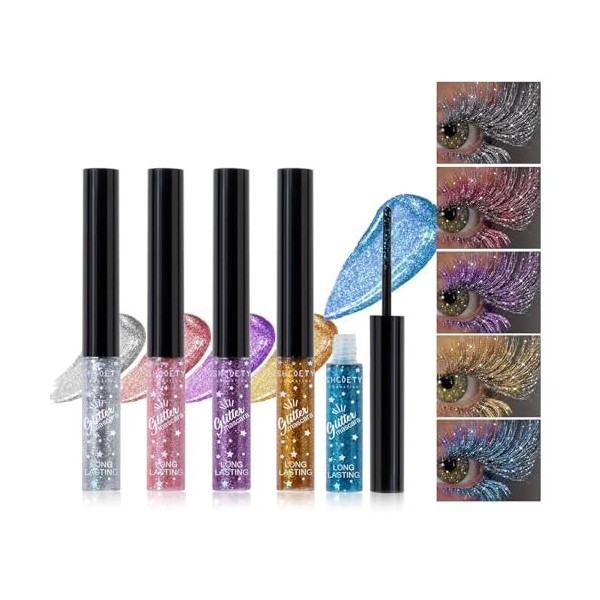 Glitter Colored Mascara, 5 Colors Diamond Effect Sparkle Mascara Set, Waterproof, Long Lasting Smudgeproof Voluminous Curling