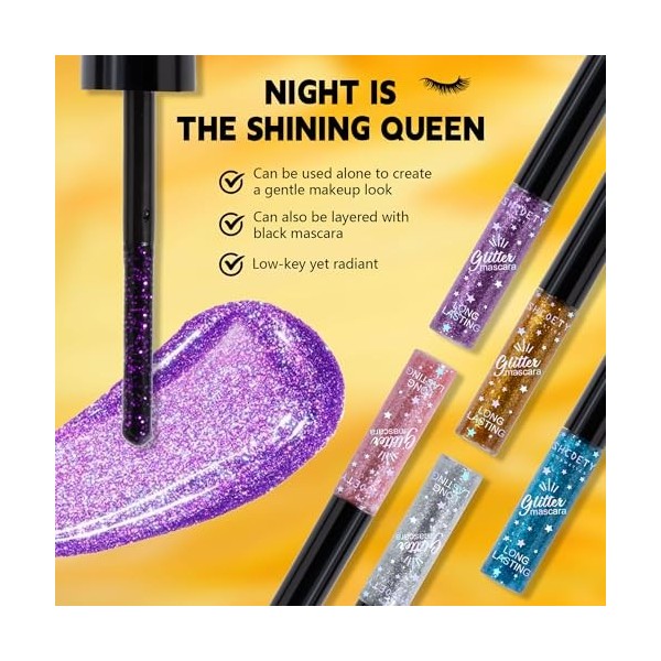 Glitter Colored Mascara, 5 Colors Diamond Effect Sparkle Mascara Set, Waterproof, Long Lasting Smudgeproof Voluminous Curling