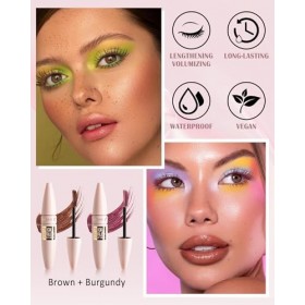 Mascara imperméable pour volume et longueur, 2 mascaras marron bordeaux pour cils longs, mascara à fibres de longue durée, sa...