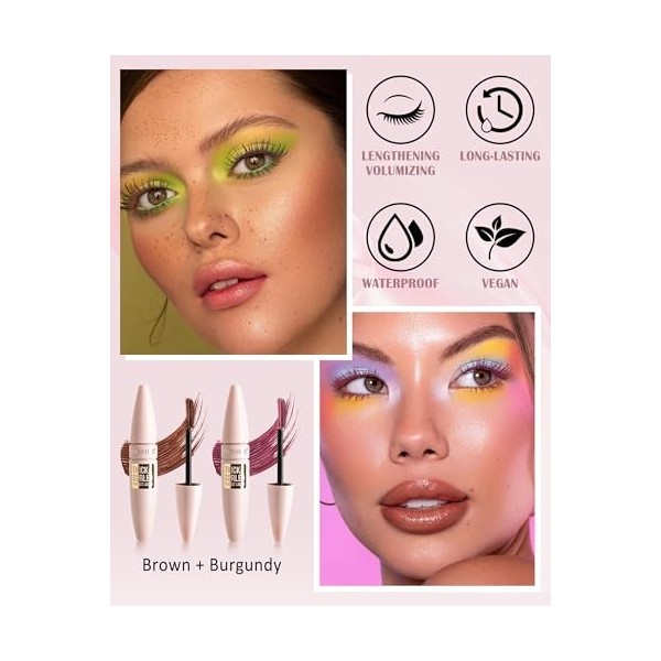 Mascara imperméable pour volume et longueur, 2 mascaras marron bordeaux pour cils longs, mascara à fibres de longue durée, sa...