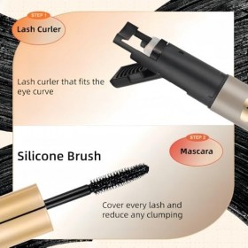 Mascara Noir Waterproof avec Recourbe-Cils Intégré, Cils Volumineux, Anti-Bavure, Sans Paquets, Longue Tenue, Aspect Naturel 