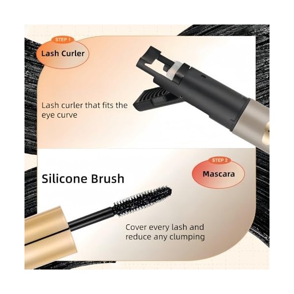 Mascara Noir Waterproof avec Recourbe-Cils Intégré, Cils Volumineux, Anti-Bavure, Sans Paquets, Longue Tenue, Aspect Naturel 