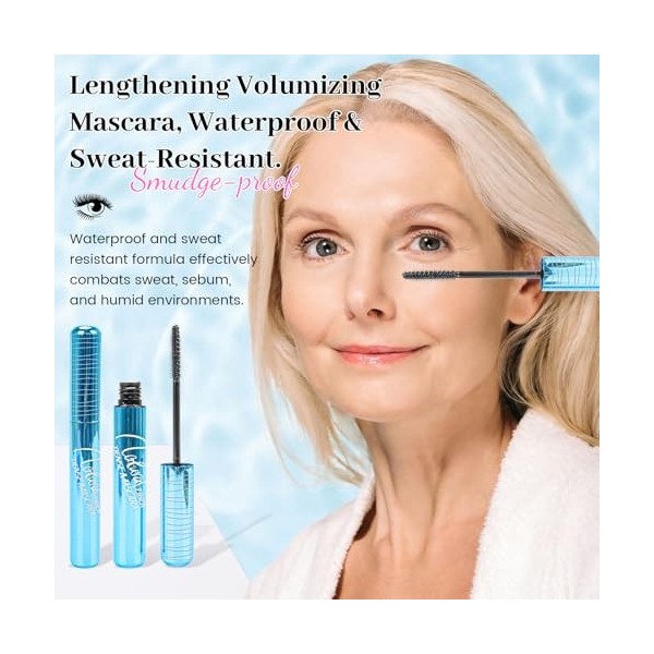 Lot de 2 mascaras pour femmes âgées, mascara imperméable, noir, naturel, hypoallergénique, imperméable et durable, convient p