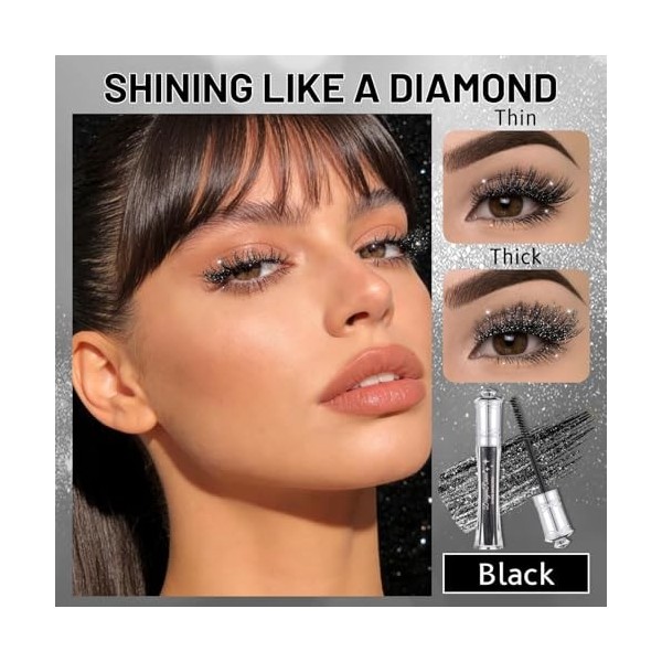 Prreal Mascara Noir à Paillettes Étanches, Mascara Étincelant Diamant pour les Cils, Mascaras Volumisants et Recourbant Durab