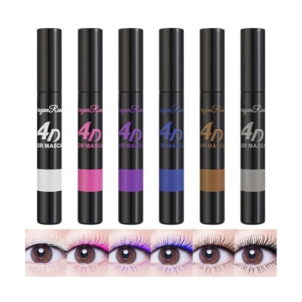 MKNZOME Mascara Coloré, 6 Couleurs Bleu Violet Rose Mascara Imperméable Volumateur & Allongeant, Maquillage des Yeux Anti-Tâc...