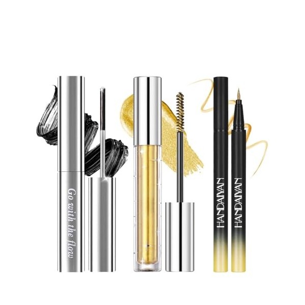 Prreal Lot de 3 mascaras et eyeliner en métal, noir, pailleté, eye-liner métallique liquide, diamant volumisant, pour les yeu