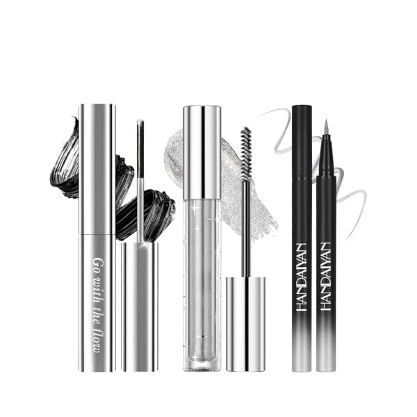 Prreal Lot de 3 mascaras et eyeliner en métal, noir, pailleté, eye-liner métallique liquide, diamant volumisant, pour les yeu