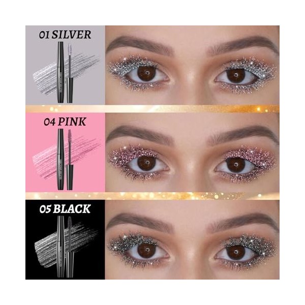 Prreal Mascara pailleté 3 couleurs, séchage rapide diamant pour les yeux, longue durée, volume et volume pour les yeux, 01+04