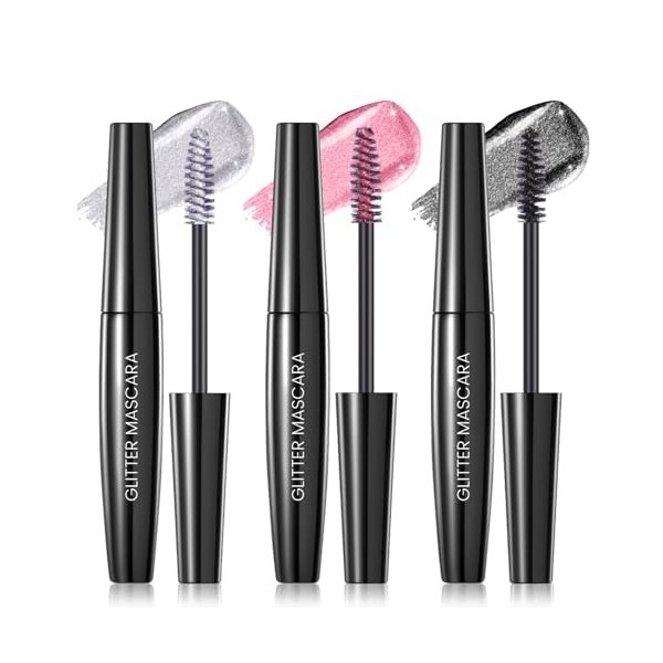 Prreal Mascara pailleté 3 couleurs, séchage rapide diamant pour les yeux, longue durée, volume et volume pour les yeux, 01+04