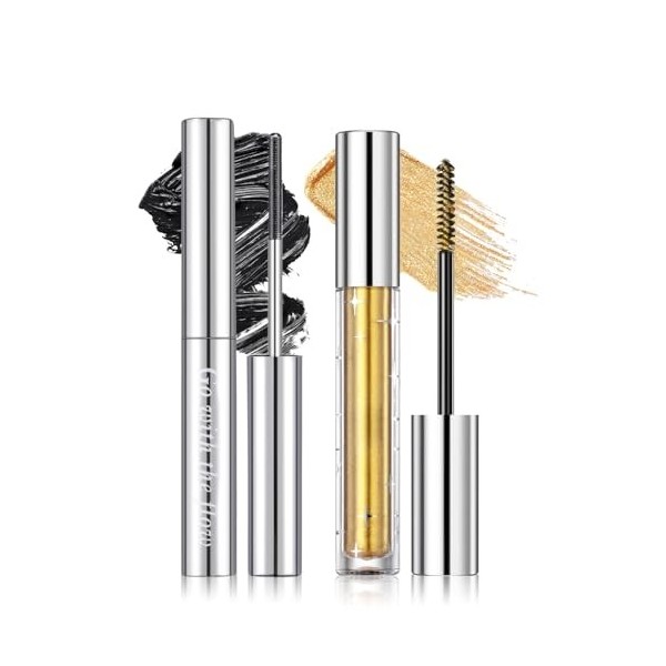 Prreal Lot de 2 mascara à paillettes dorées et en métal, noir, longue durée, diamant volumisant, pour les yeux, anti-éclats e