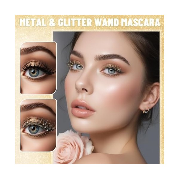 Prreal Lot de 2 mascara à paillettes dorées et en métal, noir, longue durée, diamant volumisant, pour les yeux, anti-éclats e