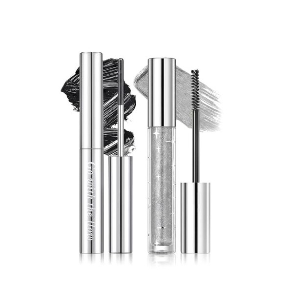 Prreal Lot de 2 mascara à paillettes dorées et en métal, noir, longue durée, diamant volumisant, pour les yeux, anti-éclats e