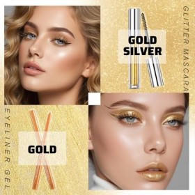 Prreal Ensemble de mascara et eyeliner doré pailleté - Mascara métallique à séchage rapide - Pour cils et eyeliner - Imperméa