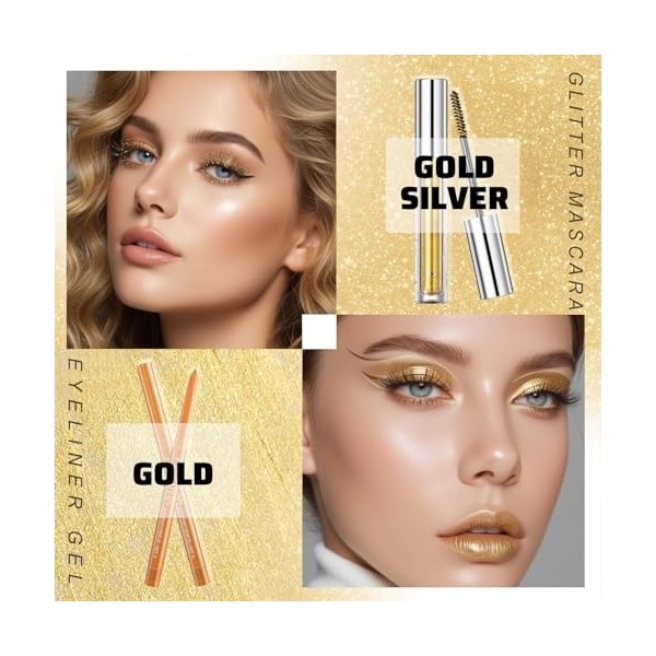Prreal Ensemble de mascara et eyeliner doré pailleté - Mascara métallique à séchage rapide - Pour cils et eyeliner - Imperméa