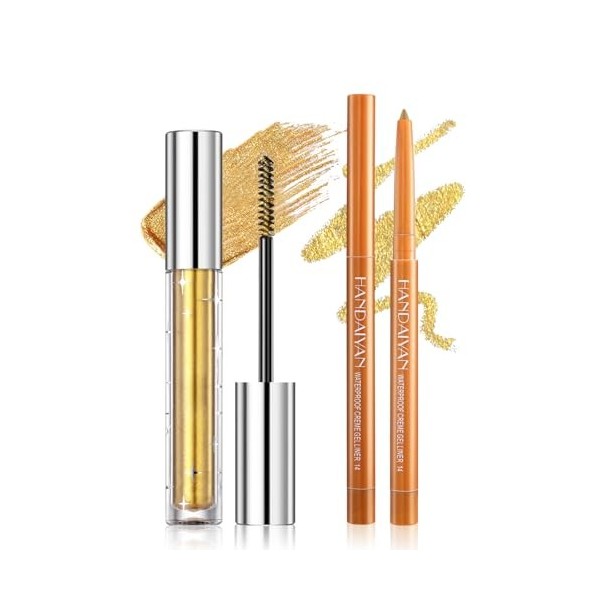 Prreal Ensemble de mascara et eyeliner doré pailleté - Mascara métallique à séchage rapide - Pour cils et eyeliner - Imperméa