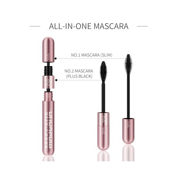 Mascara Waterproof Noir Mascara pour Femmes âgées et Yeux Sensible 2 en 1 Couleur des Cils Noir 4D Volume & Longueur Effet Na...