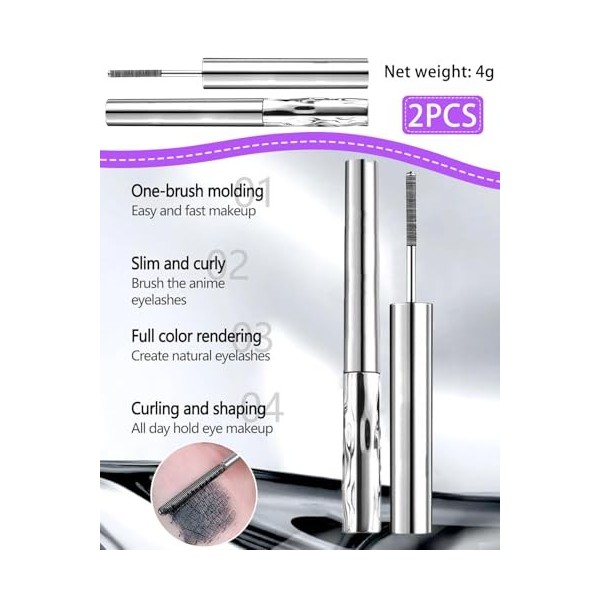 ZKUNL 2 pièces mascaras en métal, 6D Curling Eyelash Iron Metal Wand Mascara Long Lasting Non-Clumping Flake Proof Bristle Le