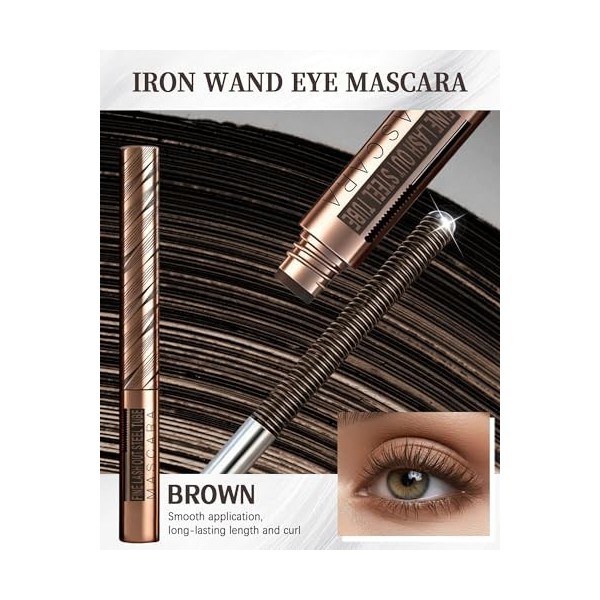 Iron Mascara Marron, Longue Durée Waterproof 5D Curling Effet, Washable Metal Wand Mascara Volume et Longueur, Résistant aux 