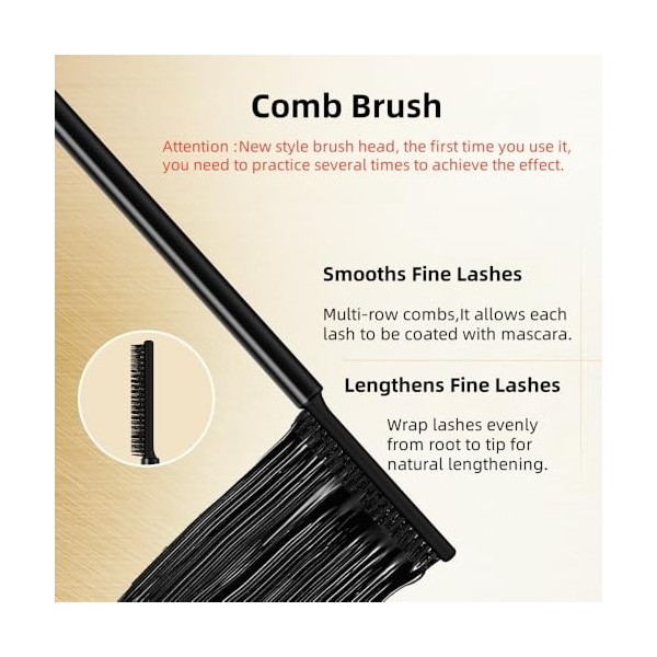 Mascara à Brosse Peigne, Anti-Agglomérant, Résistant aux Traces, Volume & Longueur, Tenue Longue, Séparation des Cils Définis