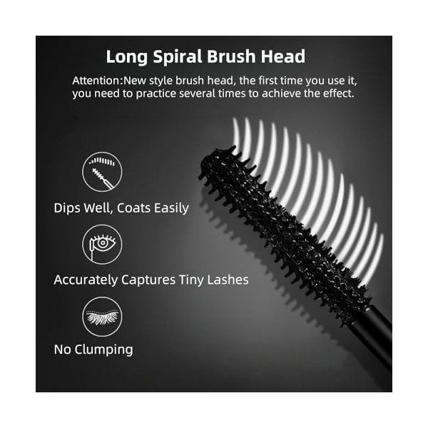 Mascara Noir Waterproof à Brosse Spirale pour Cils Fins - Volume, Épaississant, Tenue Longue & Démaquillage Facile