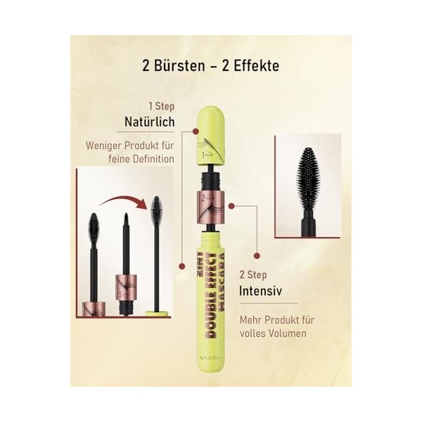 Mascara 2 en 1 - Double effet - Volume et longueur - Brosse en silicone - Imperméable et résistant aux taches - Séchage rapid