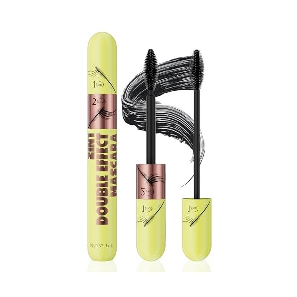 Mascara 2 en 1 - Double effet - Volume et longueur - Brosse en silicone - Imperméable et résistant aux taches - Séchage rapid