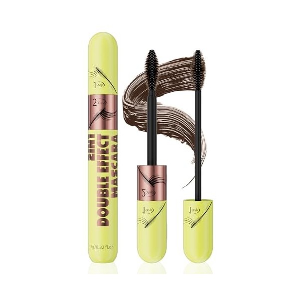 Mascara 2 en 1 - Double effet - Volume et longueur - Brosse en silicone - Imperméable et résistant aux taches - Séchage rapid