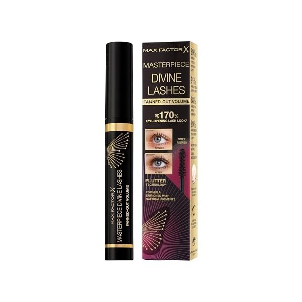 Max Factor Divine Lashes Mascara Rich Black 001, volume ultime, technologie Flutter, pinceau silhouette en fibre 420, lisse e