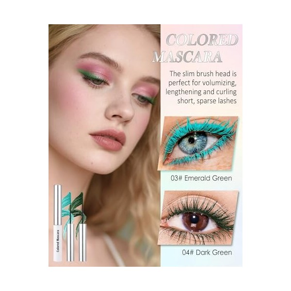 Lot de 2 mascaras imperméables ultra fins pour cils courts, en fibre de soie, couleur vert foncé/clair, extra longs, mascara ...