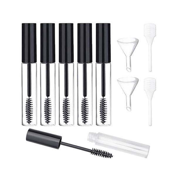 Lot de 5 tubes vides de 10 ml avec brosse à mascara, 2 compte-gouttes, 2 entonnoirs, tubes de mascara rechargeables vides, tu