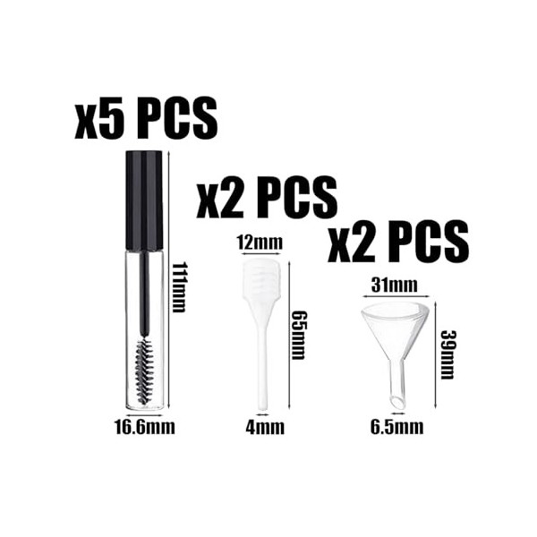 Lot de 5 tubes vides de 10 ml avec brosse à mascara, 2 compte-gouttes, 2 entonnoirs, tubes de mascara rechargeables vides, tu